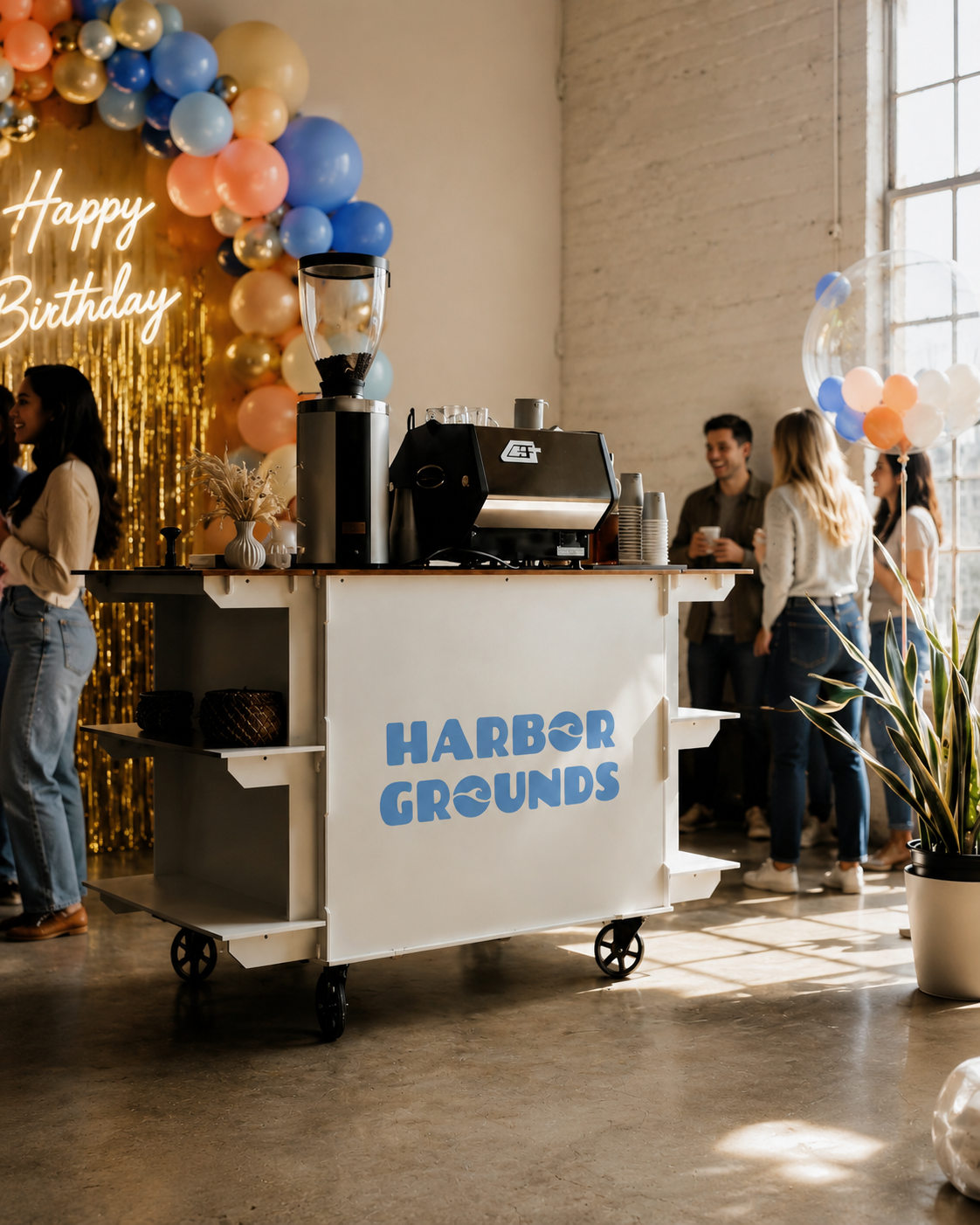 Harbor Grounds coffee cart set up for a birthday party