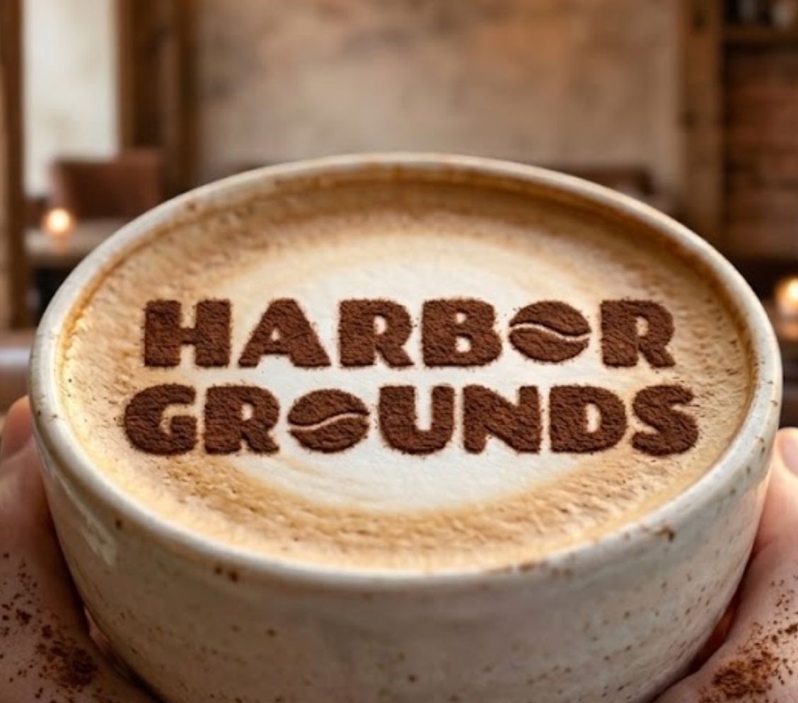 Harbor Grounds logo printed on a latte
